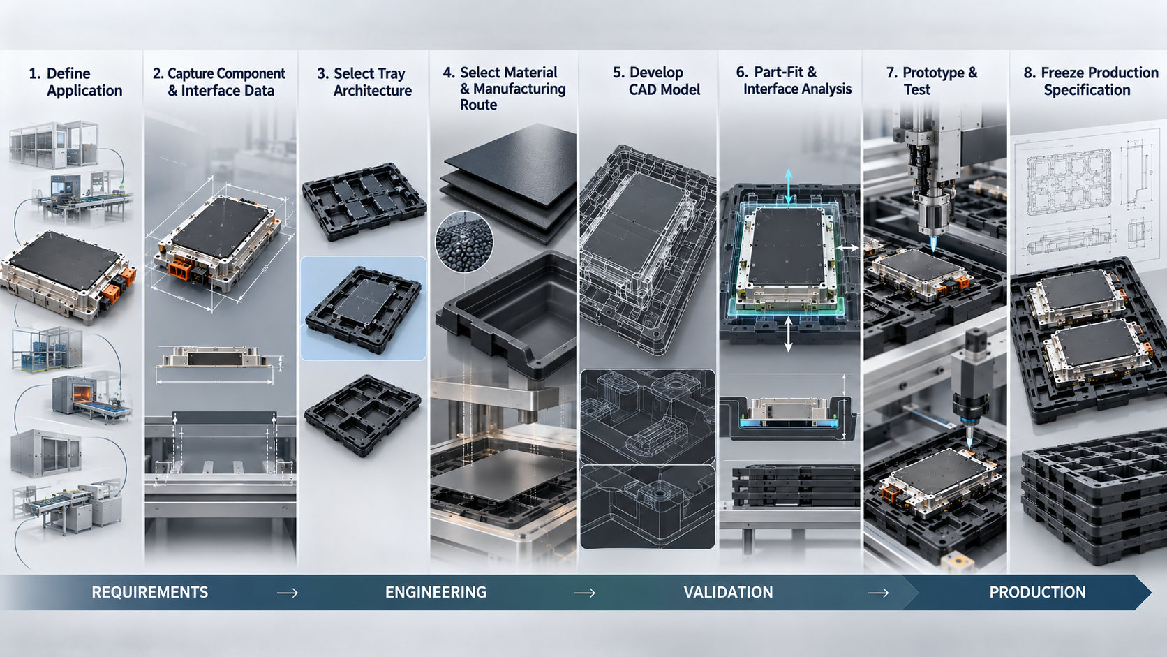 Eight-step engineering workflow for specifying, designing, prototyping and validating a customised large JEDEC tray
