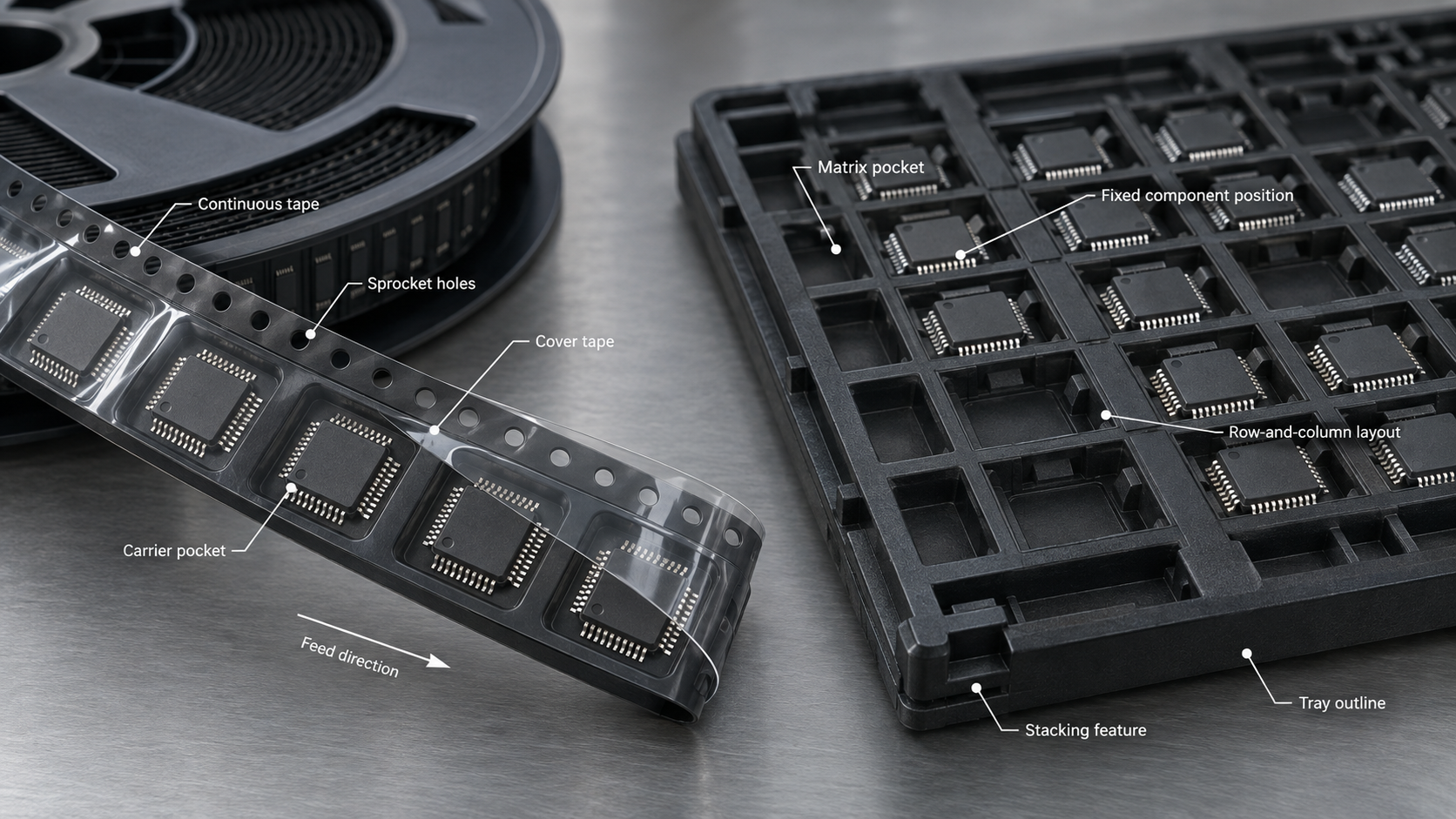 Comparison of continuous carrier tape and a matrix tray for electronic components