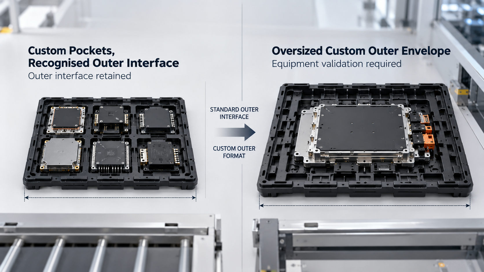 Custom pockets within a recognised tray interface compared with an oversized custom tray requiring separate equipment validation