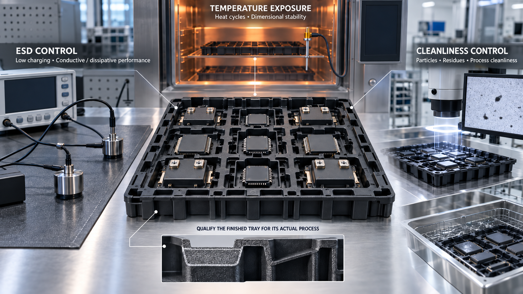 ESD control, temperature exposure and cleanliness requirements affecting the design and validation of a customised electronics tray