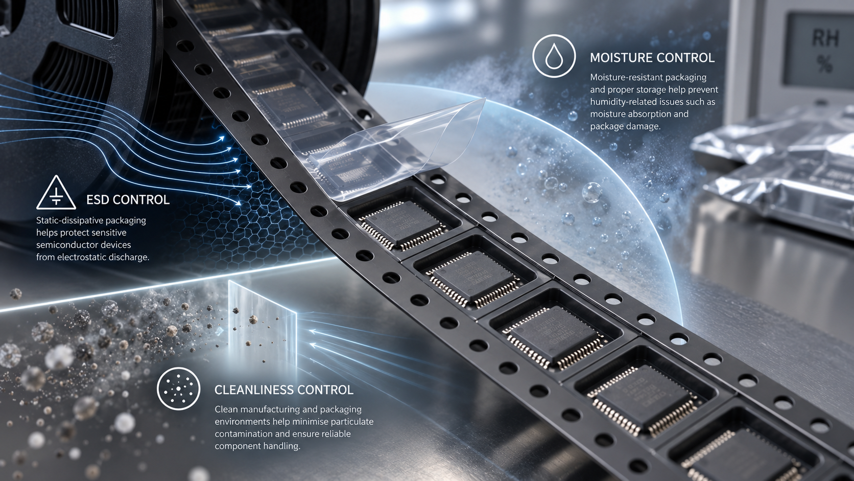 Electronic component carrier tape with ESD, moisture and cleanliness protection considerations