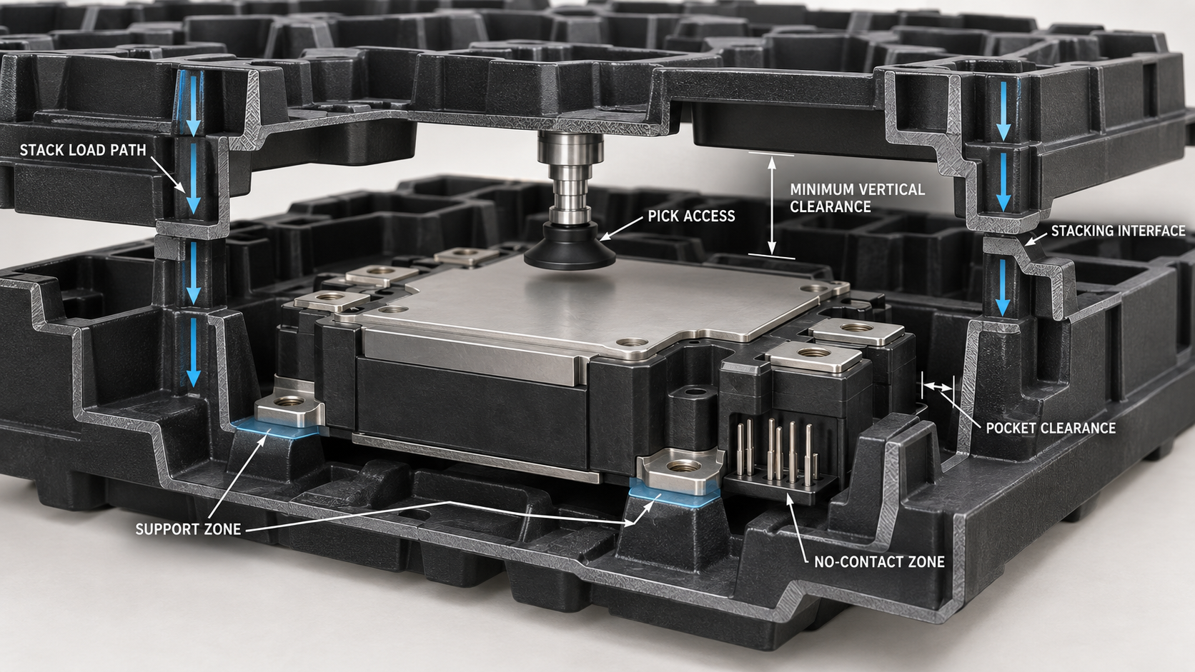 Detailed engineering view of tray pocket clearance, support zones, stacking interfaces and pick access